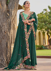 Fancy green organza saree with cut work and sequins embroidery